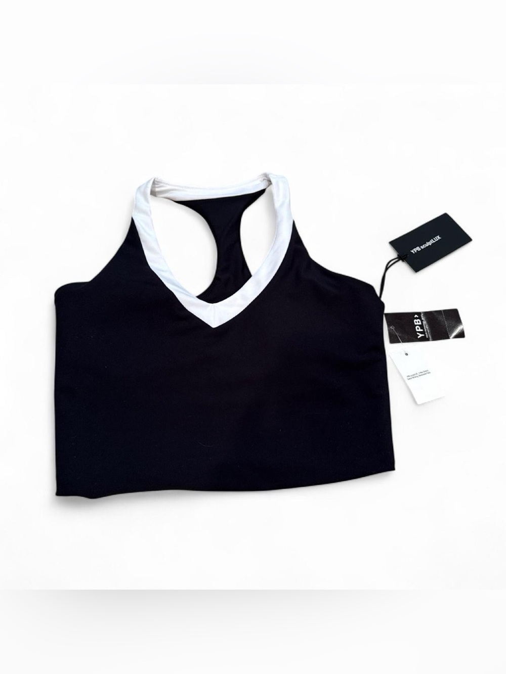 Black V-Neck Racerback Crop Tank with White Trim